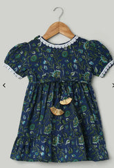 Pure Printed Cotton Puff Sleeve Summer Frock for Girls- Blue-BS24DR76BLB